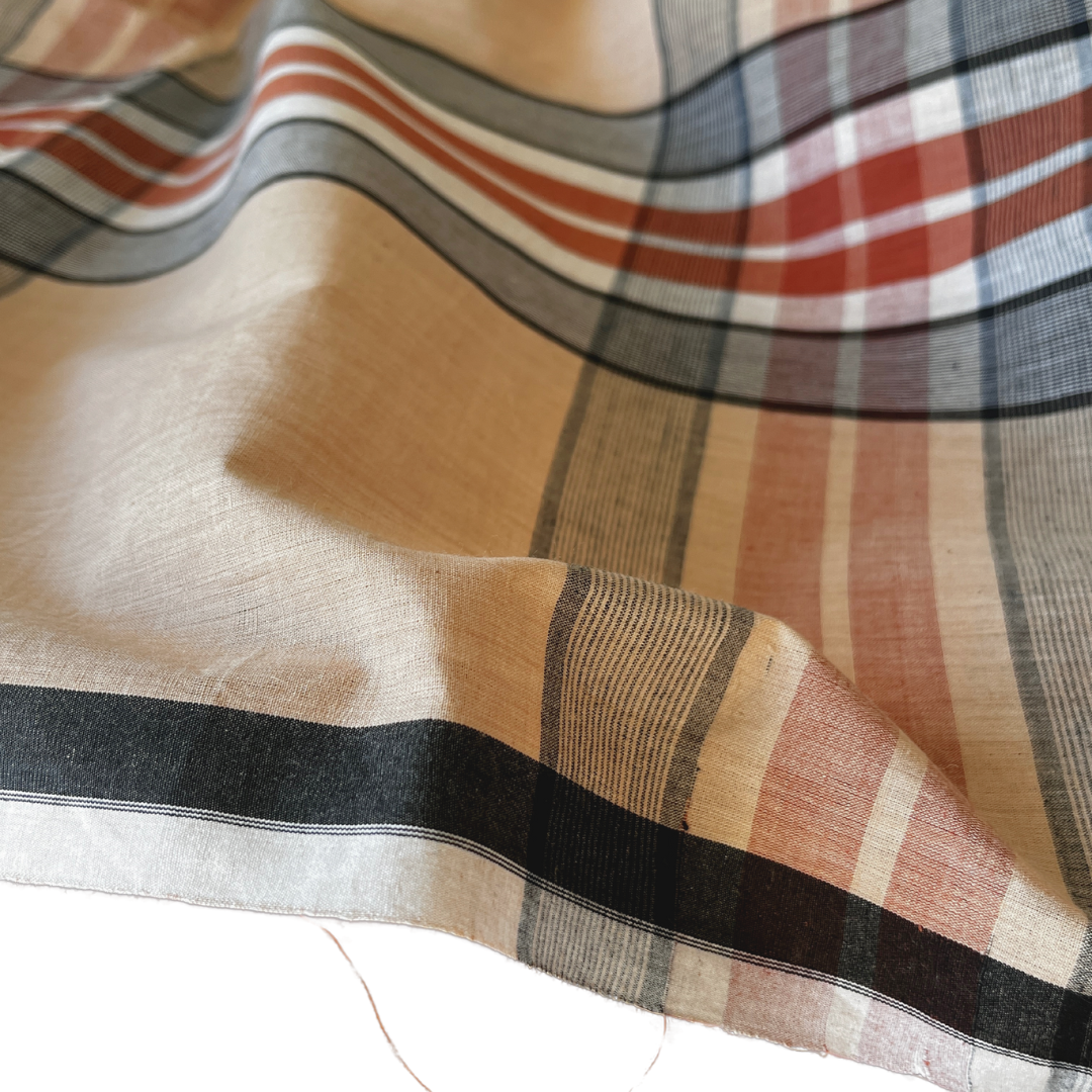 Handloom Lungi Fabric - Yarn Dyed - Brown Beige Plaid 100% Cotton