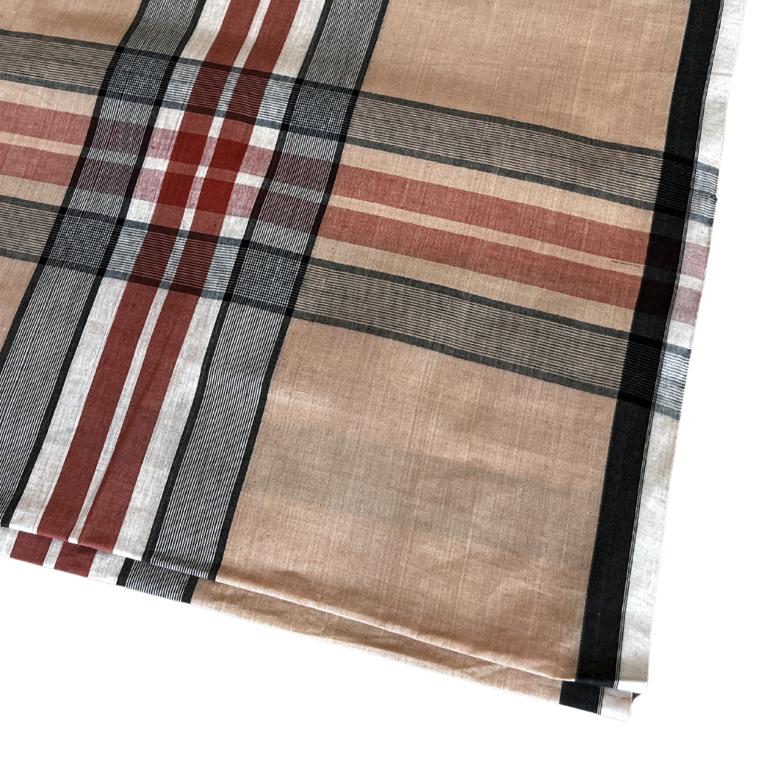 Handloom Lungi Fabric - Yarn Dyed - Brown Beige Plaid 100% Cotton