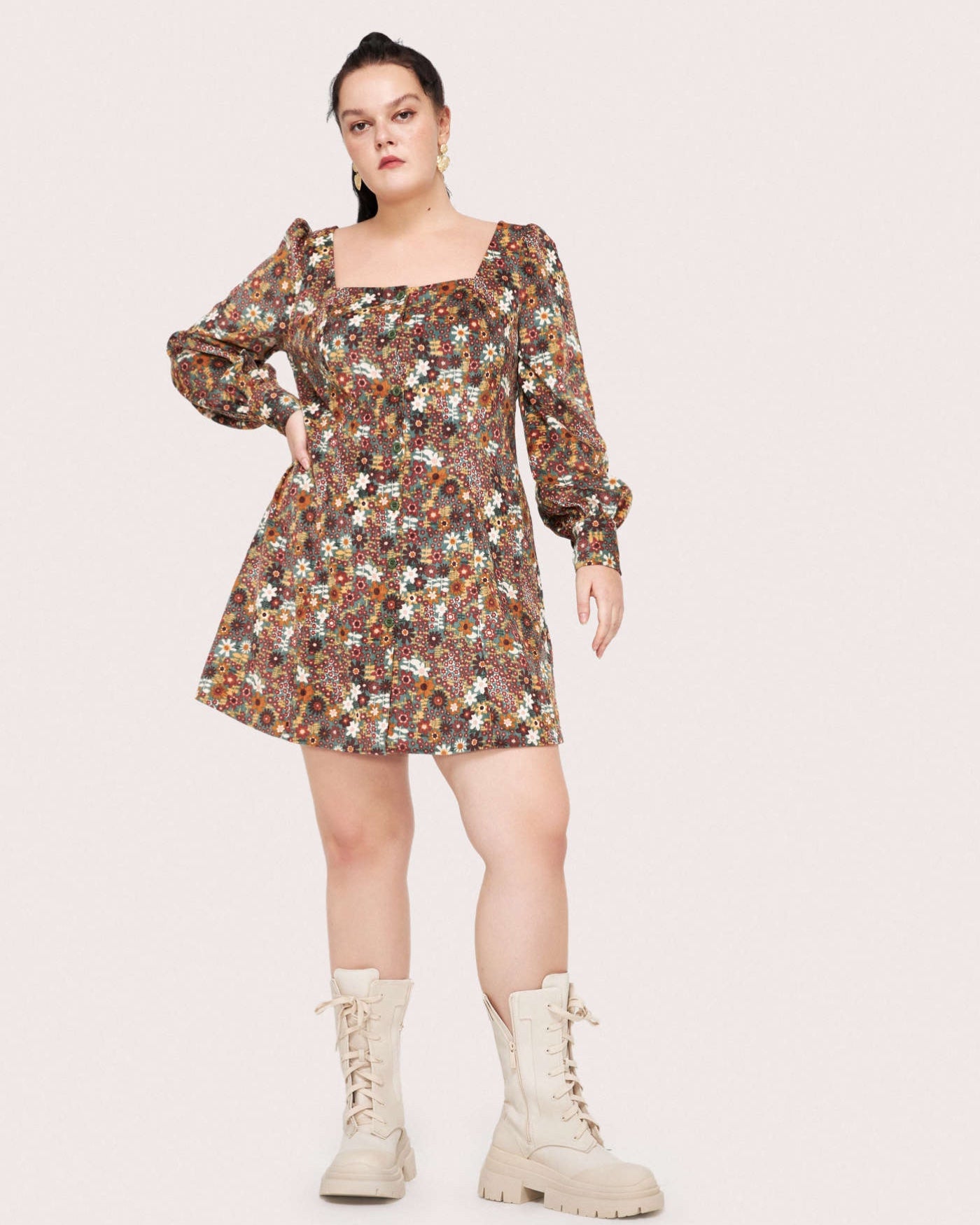 Cider Button Up Corduroy Floral Mini Dress - Curves & Plus