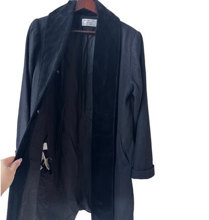 Velvet Collar Black Wool Coat | Straight Silhouette Wool Coat | Minimalist Buttoned Coat | Thick Overcoat