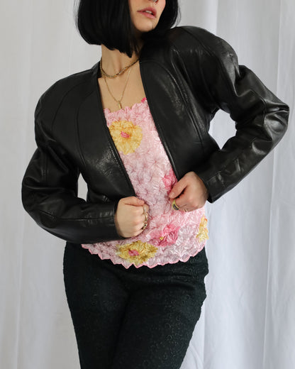 Vtg 80’s Danier Puff Sleeve Collarless Cropped Leather Jacket