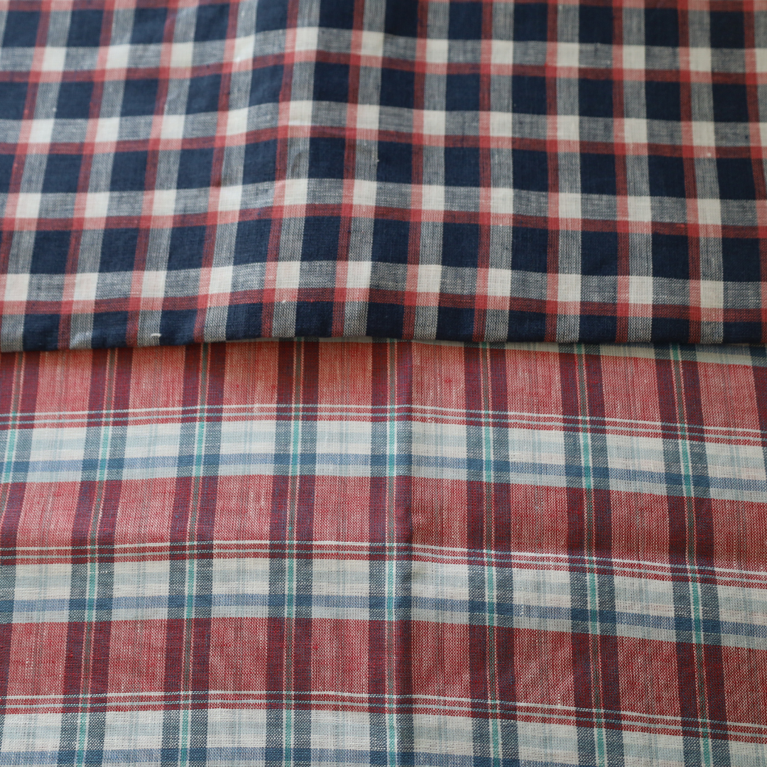 Pink and Pink Plaid Check Linen Blend Fabric Tablecloth
