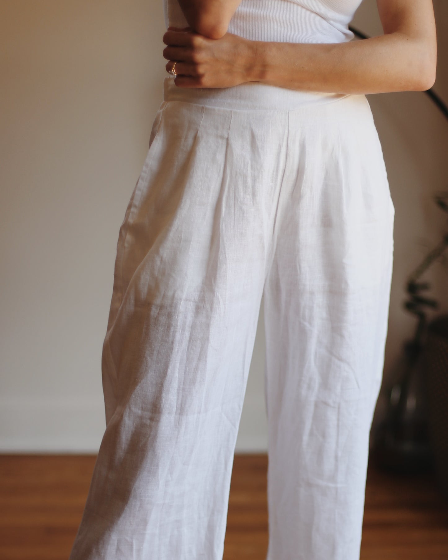 Flax Linen Wide Leg Pleated Pants - White