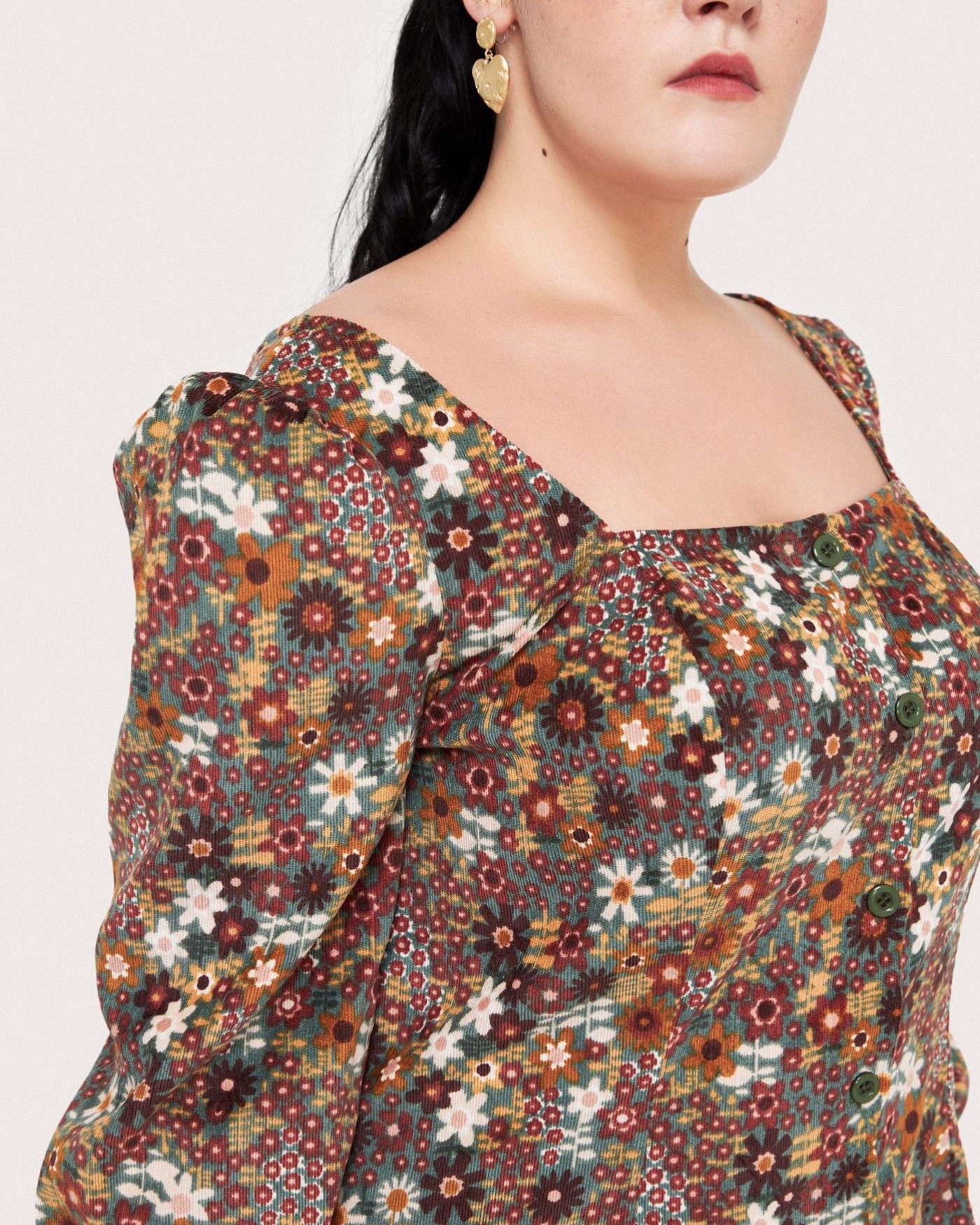 Cider Button Up Corduroy Floral Mini Dress - Curves & Plus