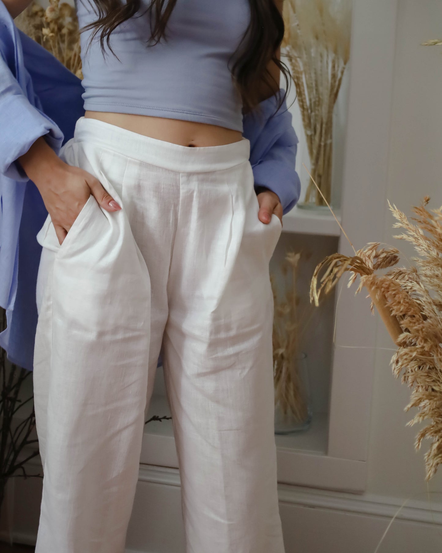 Flax Linen Wide Leg Pleated Pants - White