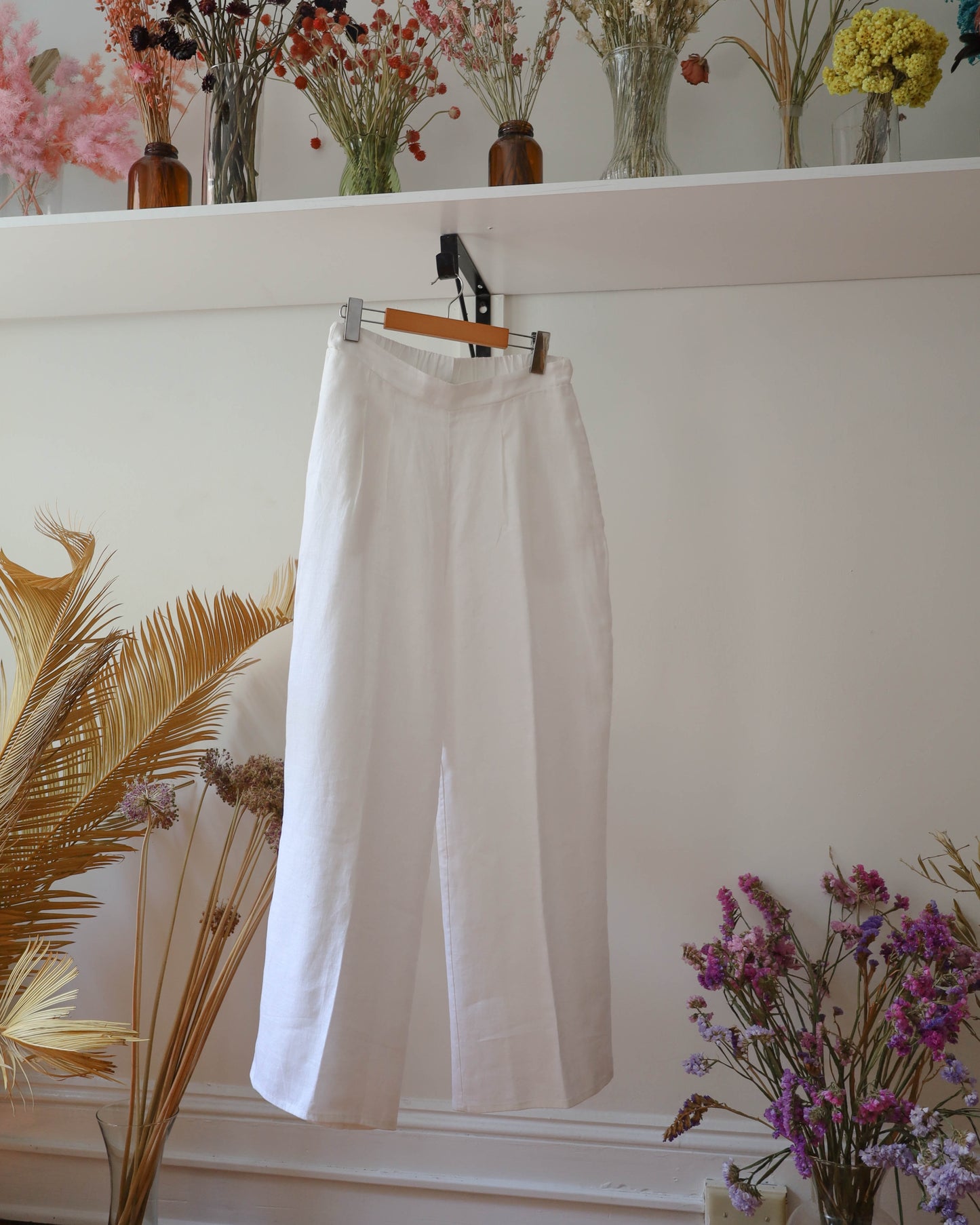 Flax Linen Wide Leg Pleated Pants - White