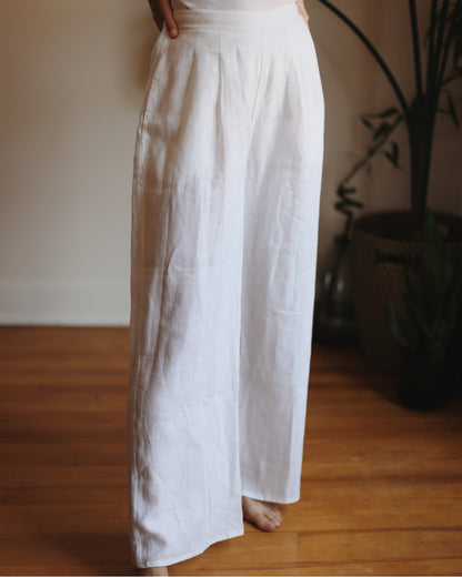 Flax Linen Wide Leg Pleated Pants - White