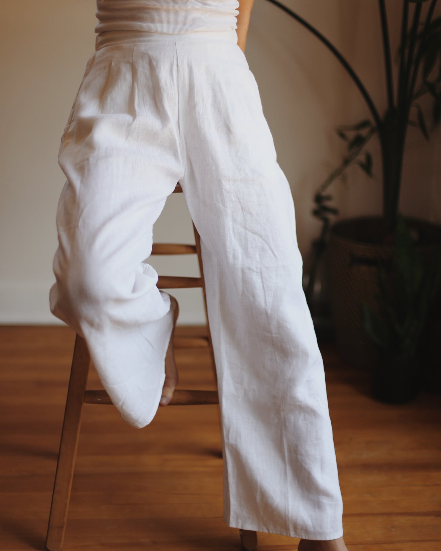 Flax Linen Wide Leg Pleated Pants - White