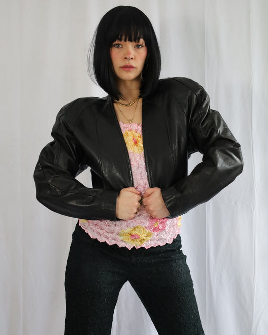 Vtg 80’s Danier Puff Sleeve Collarless Cropped Leather Jacket