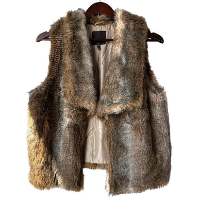 Joie Womens Collared Open Front Faux Fur Vest Jacket Brown