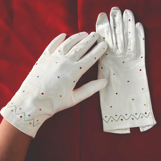 Most Rare, Authentic Suede White Short Gloves with Embroidery
