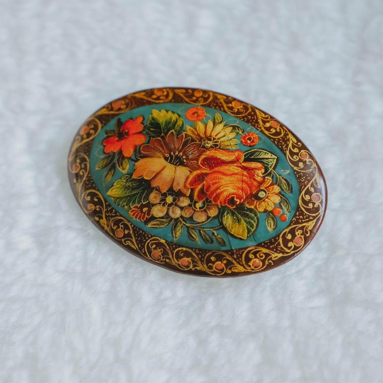 Hand Painted Black Lacquer Floral Brooch