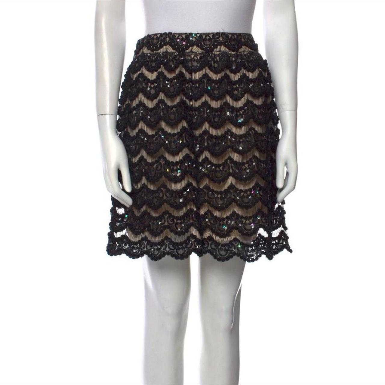 Alice + Olivia Black Sequin Embellished Lace Overlay Skirt with Pockets