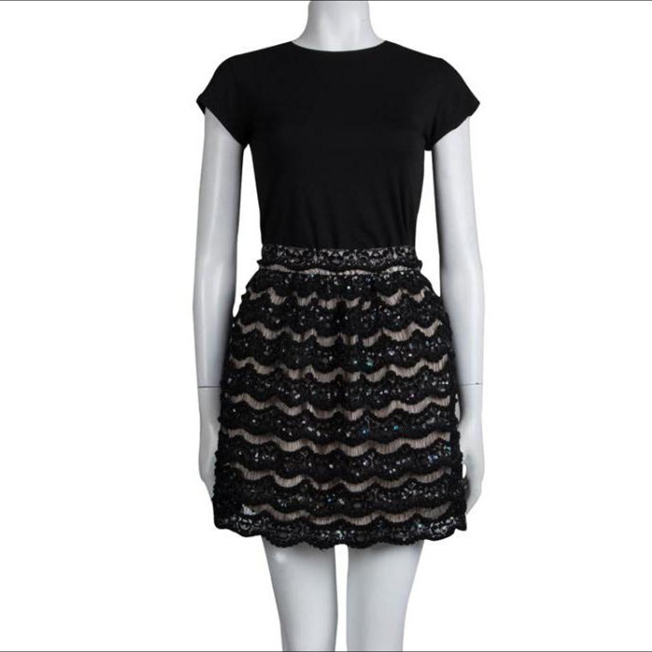 Alice + Olivia Black Sequin Embellished Lace Overlay Skirt with Pockets