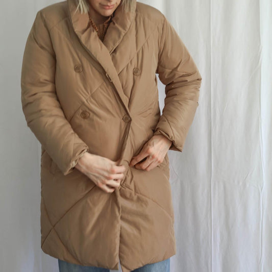 Tribal Long Quilted Puffer Coat in Gold/Camel