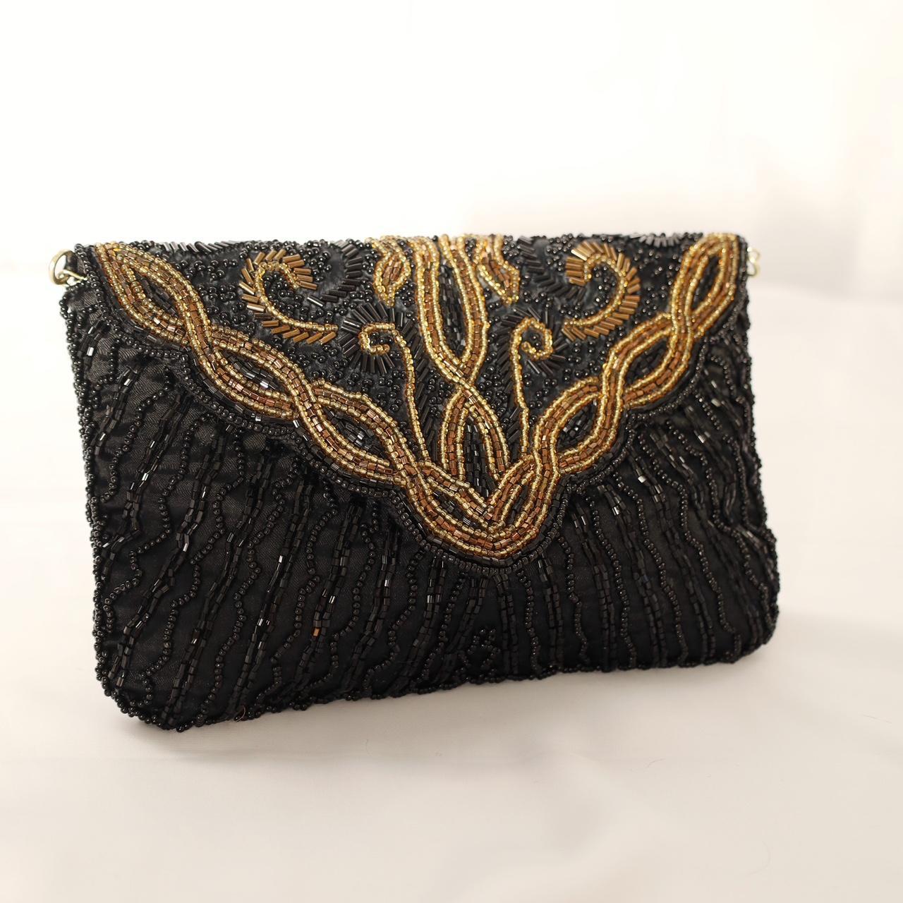 Black & Gold Beaded Evening Bag with Gold Strap Vintage