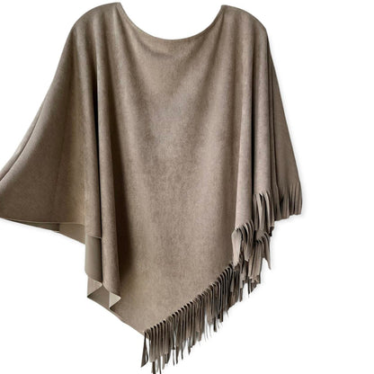 Colletta Faux Suede Fringe Poncho in Brown