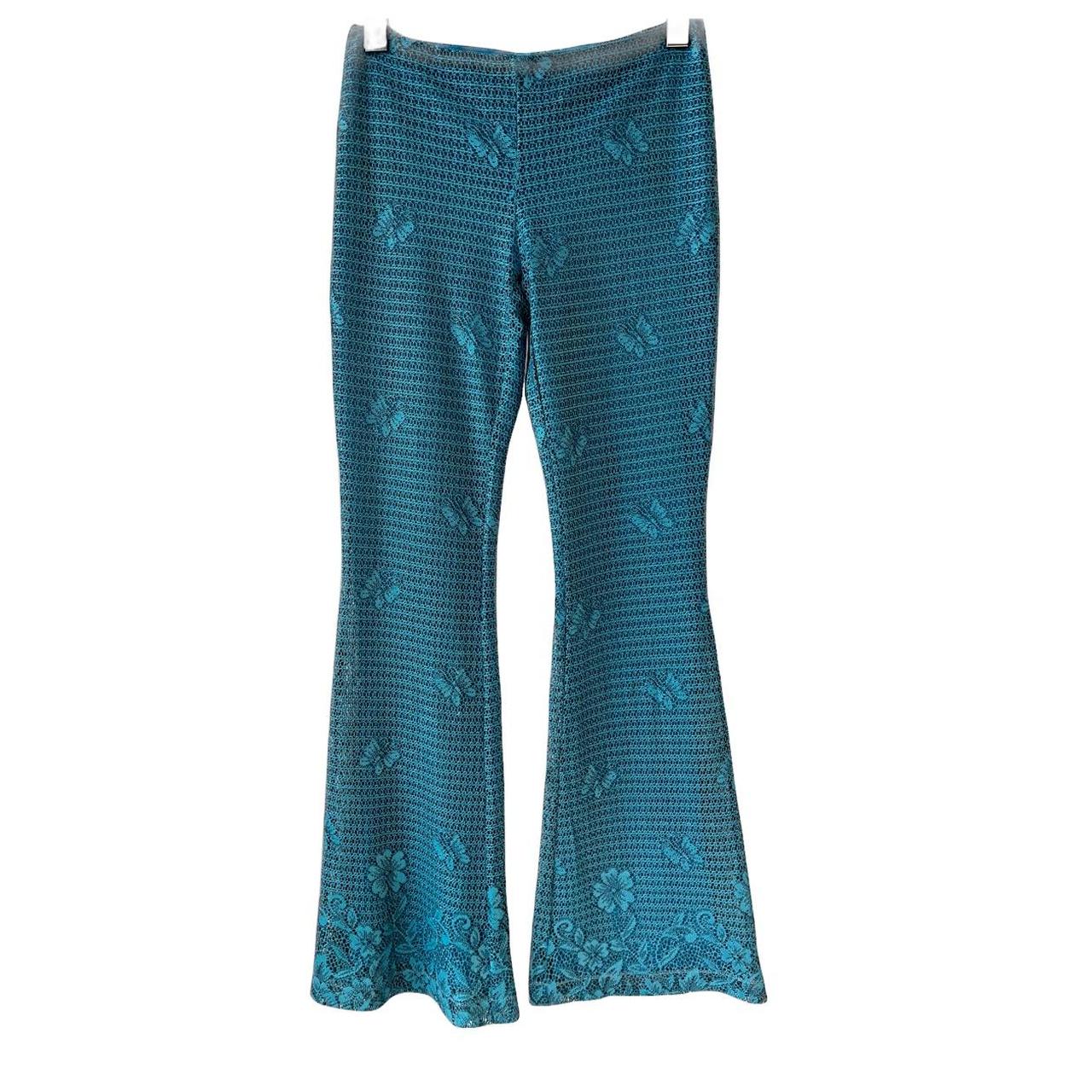 Embroidered Slim Flare Leg Trousers -Turquoise Blue