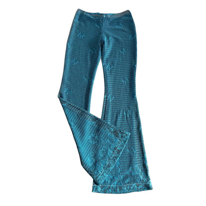 Embroidered Slim Flare Leg Trousers -Turquoise Blue